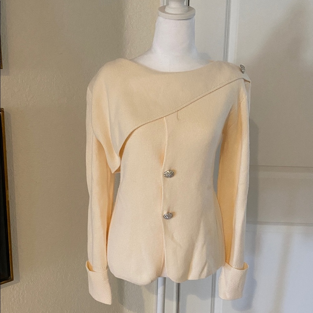 Cream Asymmetrical Button Sweater with rhinestone buttons